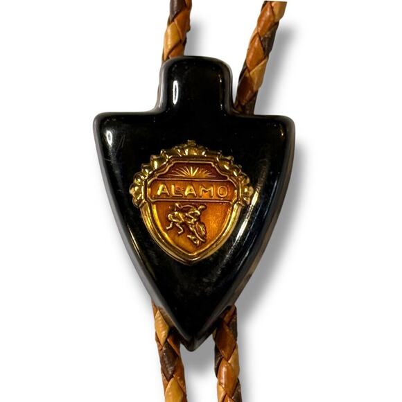 VTG Alamo Bolo Tie Mens Black Resin Brass Leather Tri-Color Chord Western Cowboy - Picture 3 of 7